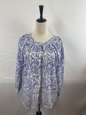 Bell Blouse XL Blue White Paisley Long Sleeve Button Front